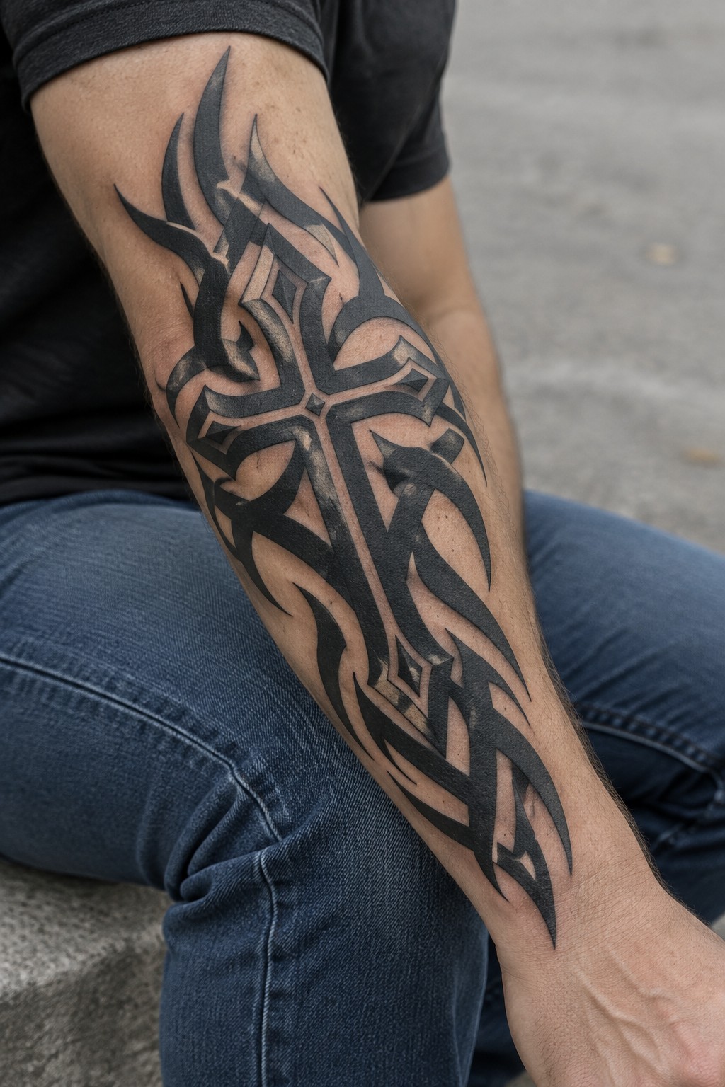 Black tribal cross tattoo on arm resting on blue jeans