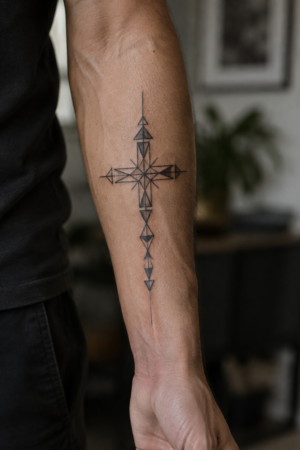 Geometric black cross tattoo with triangles on forearm in black shirt