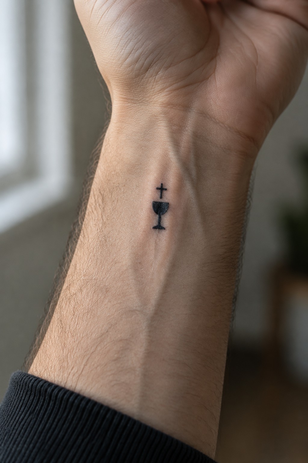 Small black chalice and cross tattoo on inner wrist with dark sleeve