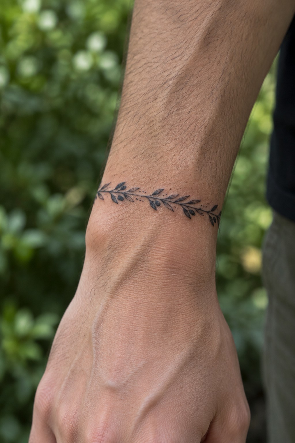 Fine line olive branch tattoo wrapping around a man's wrist as a thin band with leaves and dots