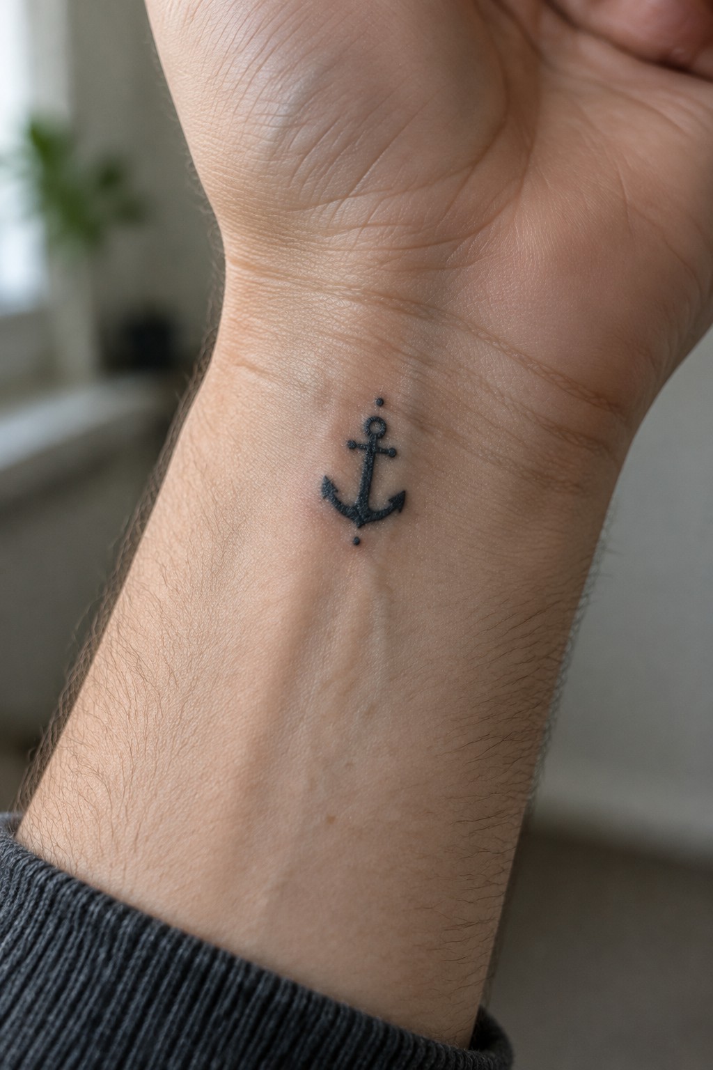 Small black anchor tattoo centered on the inner wrist of a light-skinned hand.