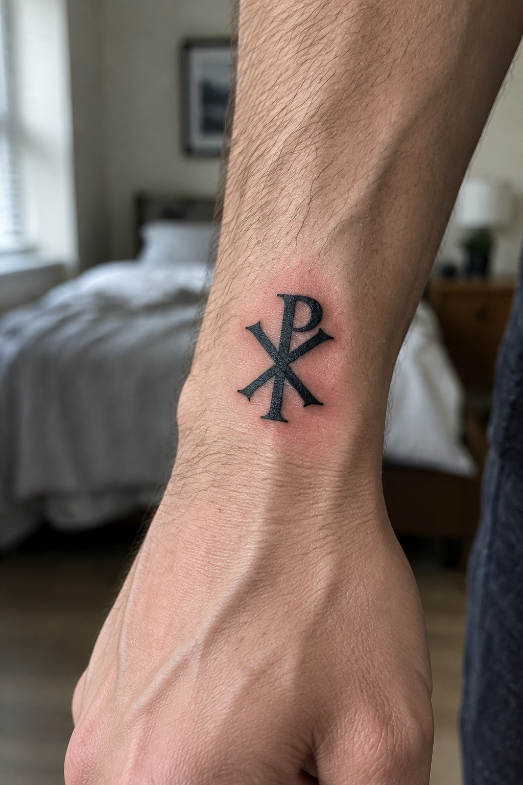 Small black chi rho tattoo on the inner wrist of a man's hand.