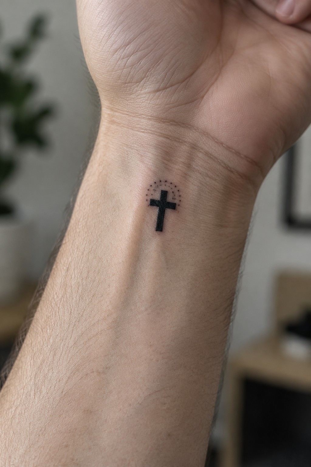 Small black cross tattoo with dotted semicircle on inner wrist