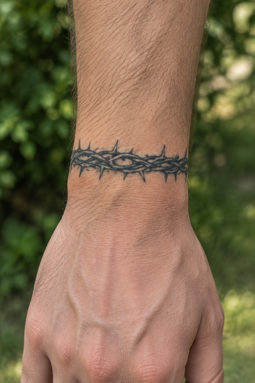 Black crown of thorns tattoo encircling a hairy wrist against blurred greenery.