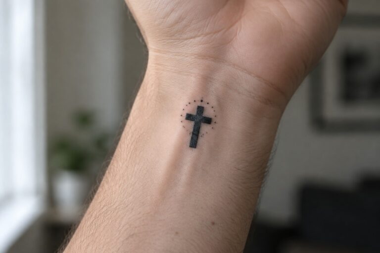 19 Bold Christian Hand and Wrist Tattoos for Men Using Small Biblical Symbols Small black cross tattoo with dotted semicircle on inner wrist