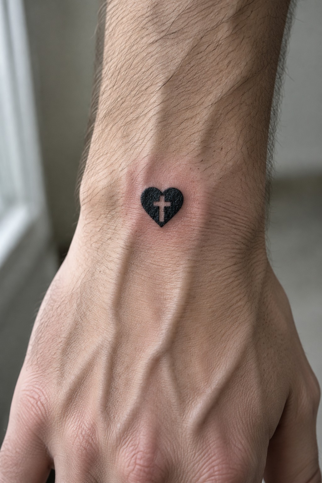 Black heart tattoo with cross on hairy wrist showing slight redness