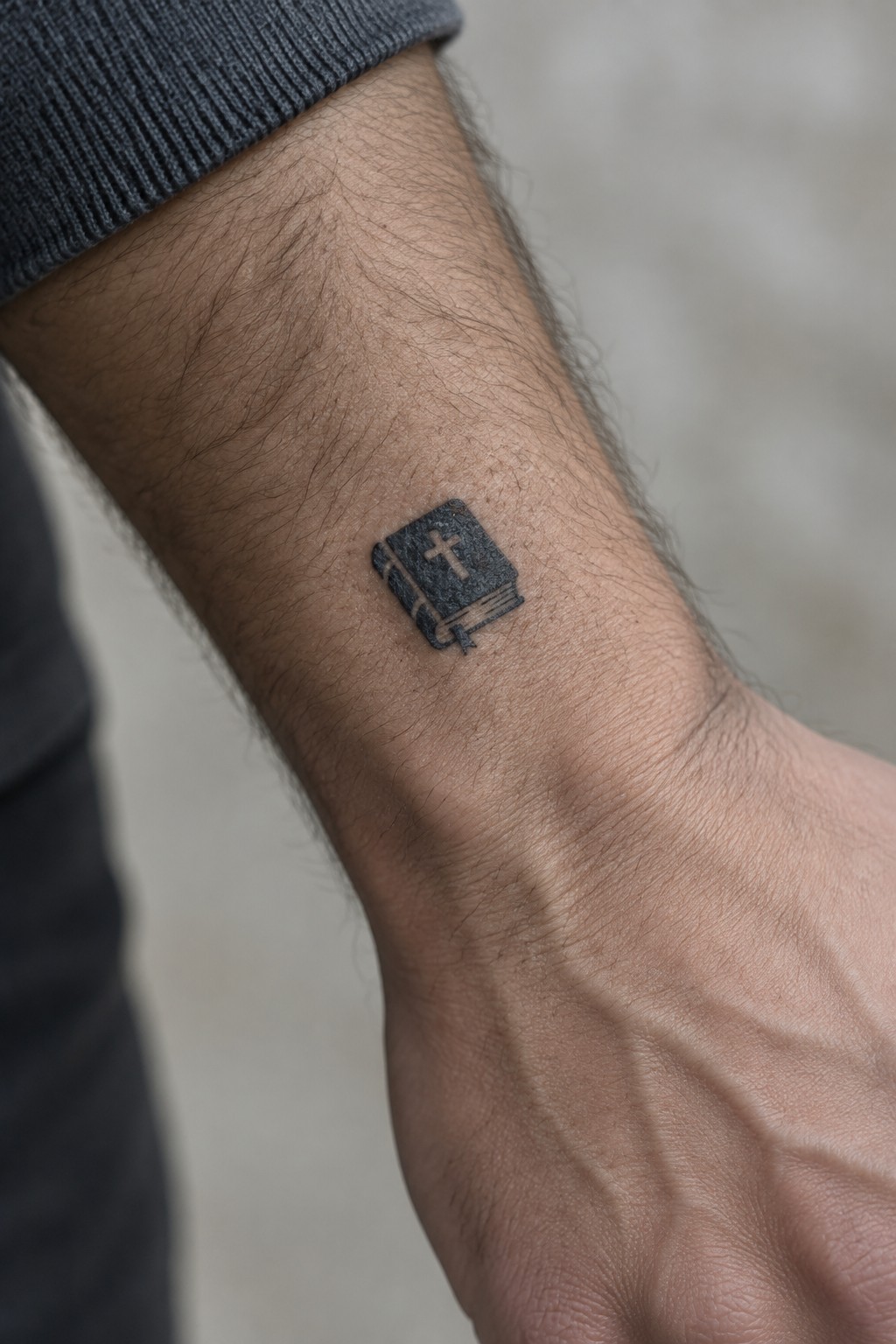 Black book tattoo with cross on inner wrist below gray sweater cuff