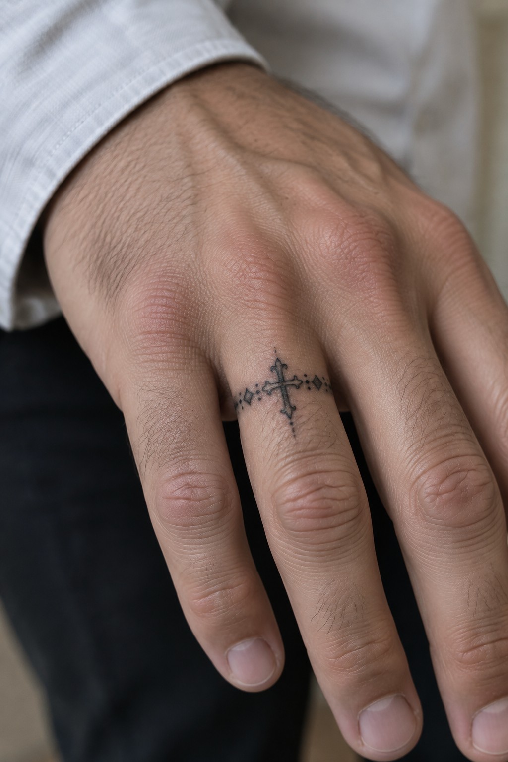 Small cross tattoo with dotted accents on a man's ring finger