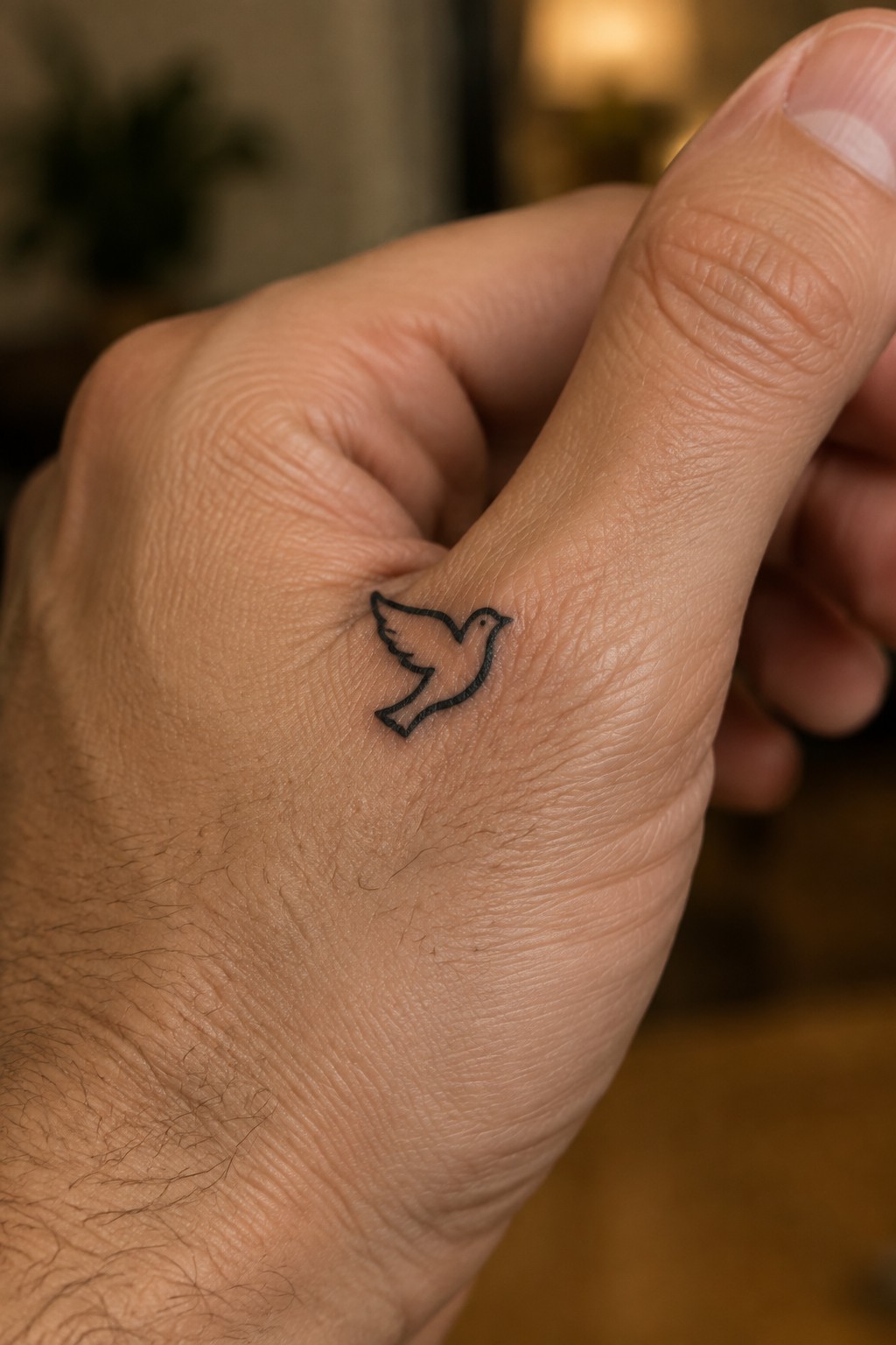 Small minimalist dove outline tattoo on the side of a hand near the thumb.