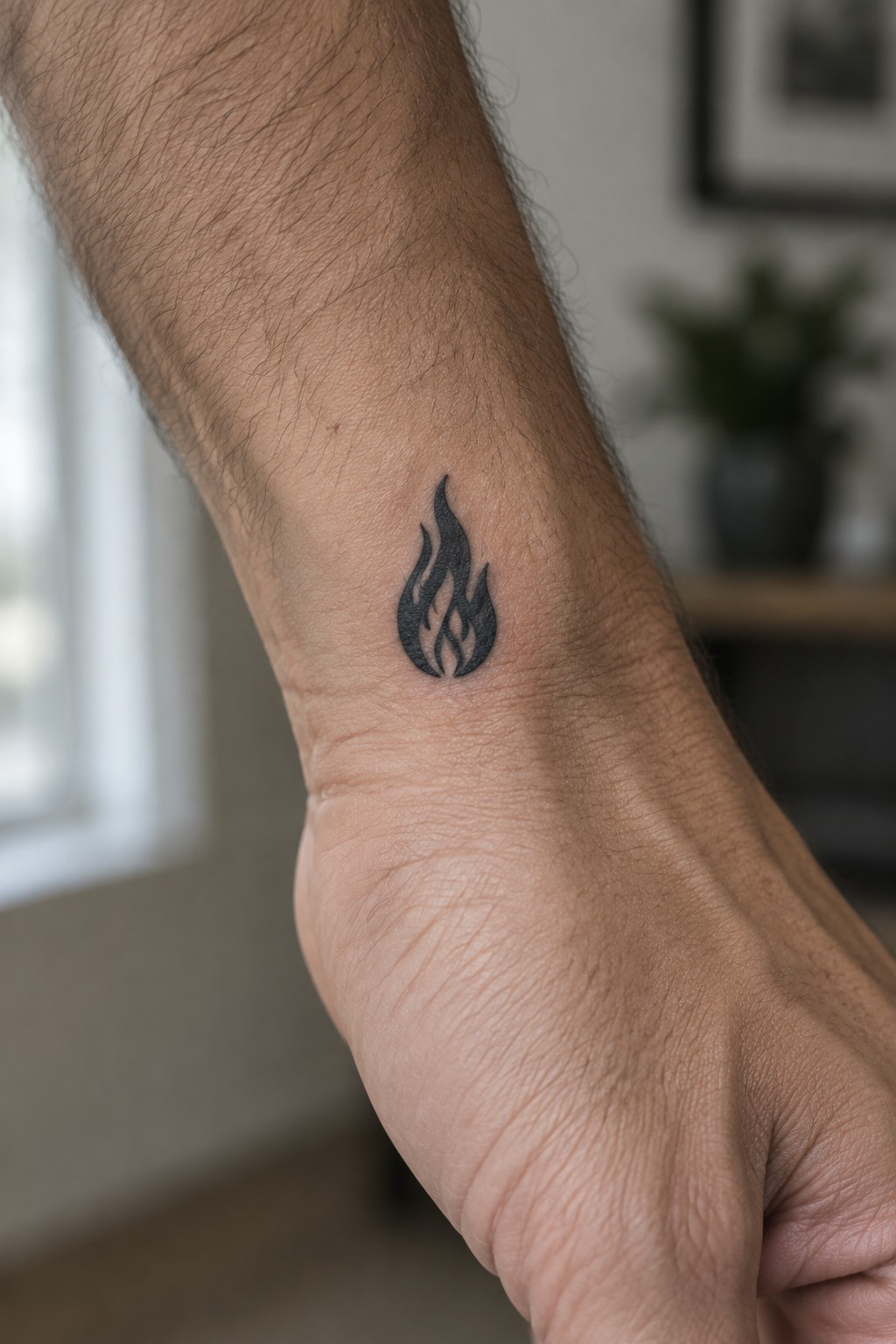 Small black flame tattoo on the inner wrist of a man's arm.