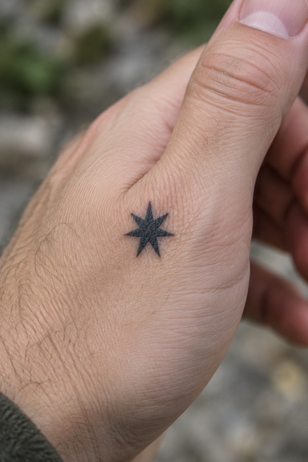 Close-up of a hand with a black eight-pointed star tattoo on the skin.