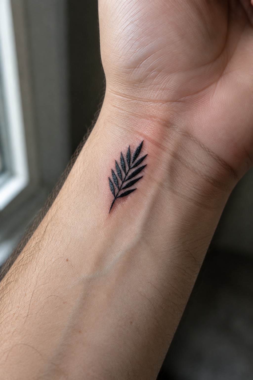 Black leafy branch tattoo on inner wrist of light-skinned hand