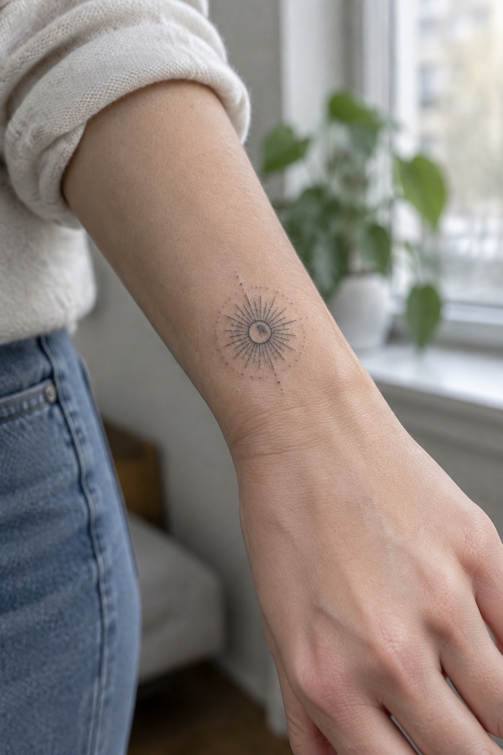 Small single-needle sun and moon tattoo on the inner wrist with fine rays and dotted details.