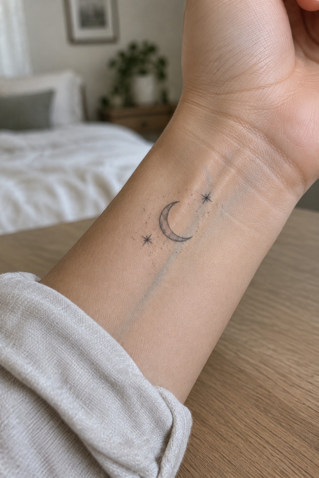 Wrist with crescent moon and stars tattoo, white sleeve, blurred bedroom background.