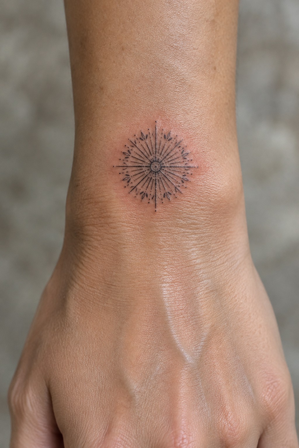 Black radial tattoo with leaf accents on a person's inner wrist