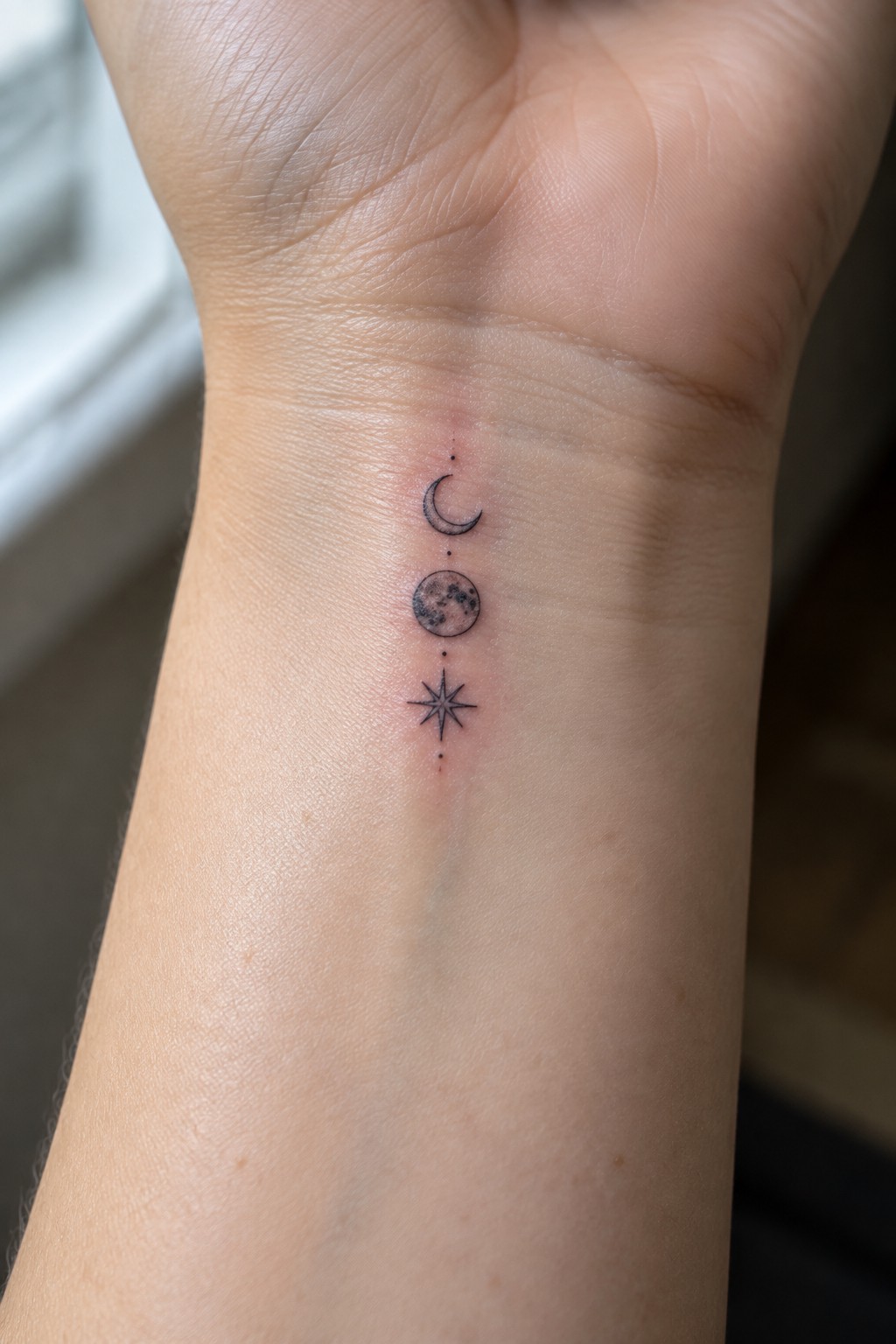 Wrist tattoo of crescent moon, cratered full moon, and eight-pointed star in black ink.