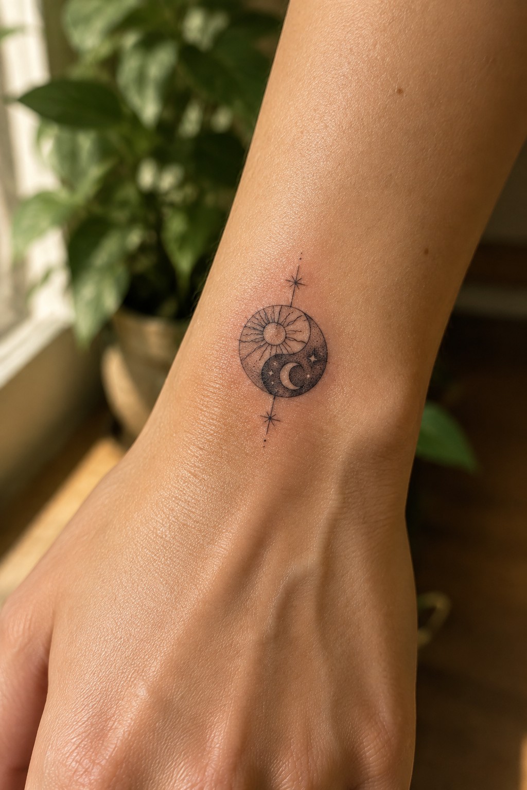 Wrist tattoo of sun-moon yin-yang with stars above and below.