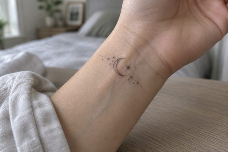 19 Chic Spiritual Wrist Tattoos for Women Using Single-Needle Celestial Symbols Wrist with crescent moon and stars tattoo, white sleeve, blurred bedroom background.