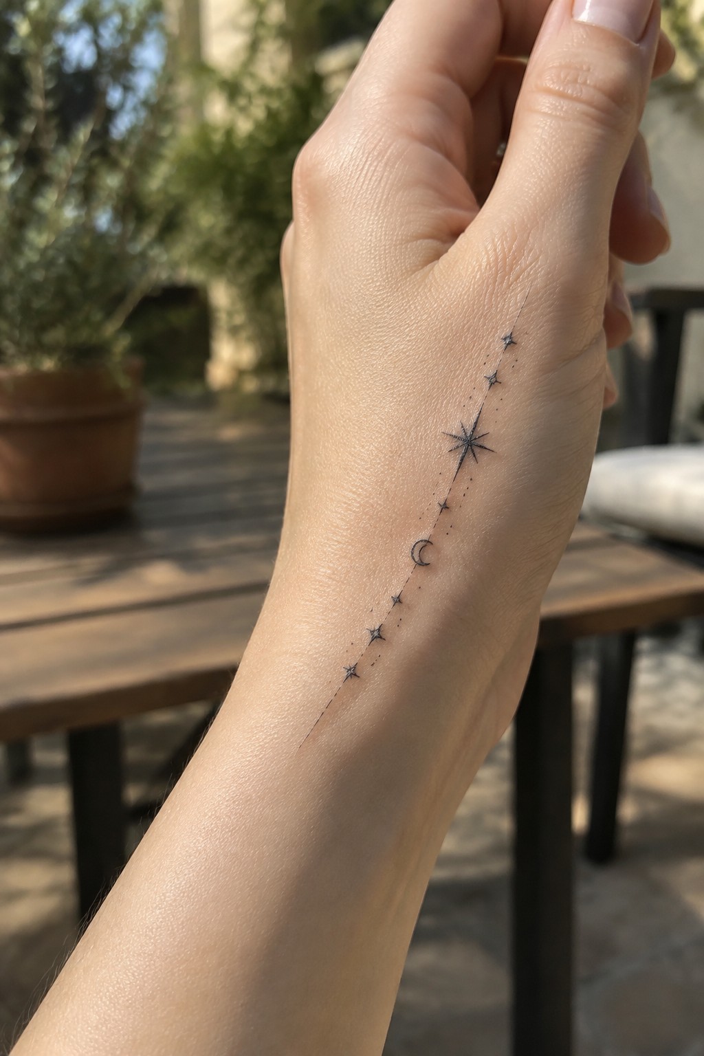Fair-skinned hand with dotted-line tattoo of stars and crescent moon on skin
