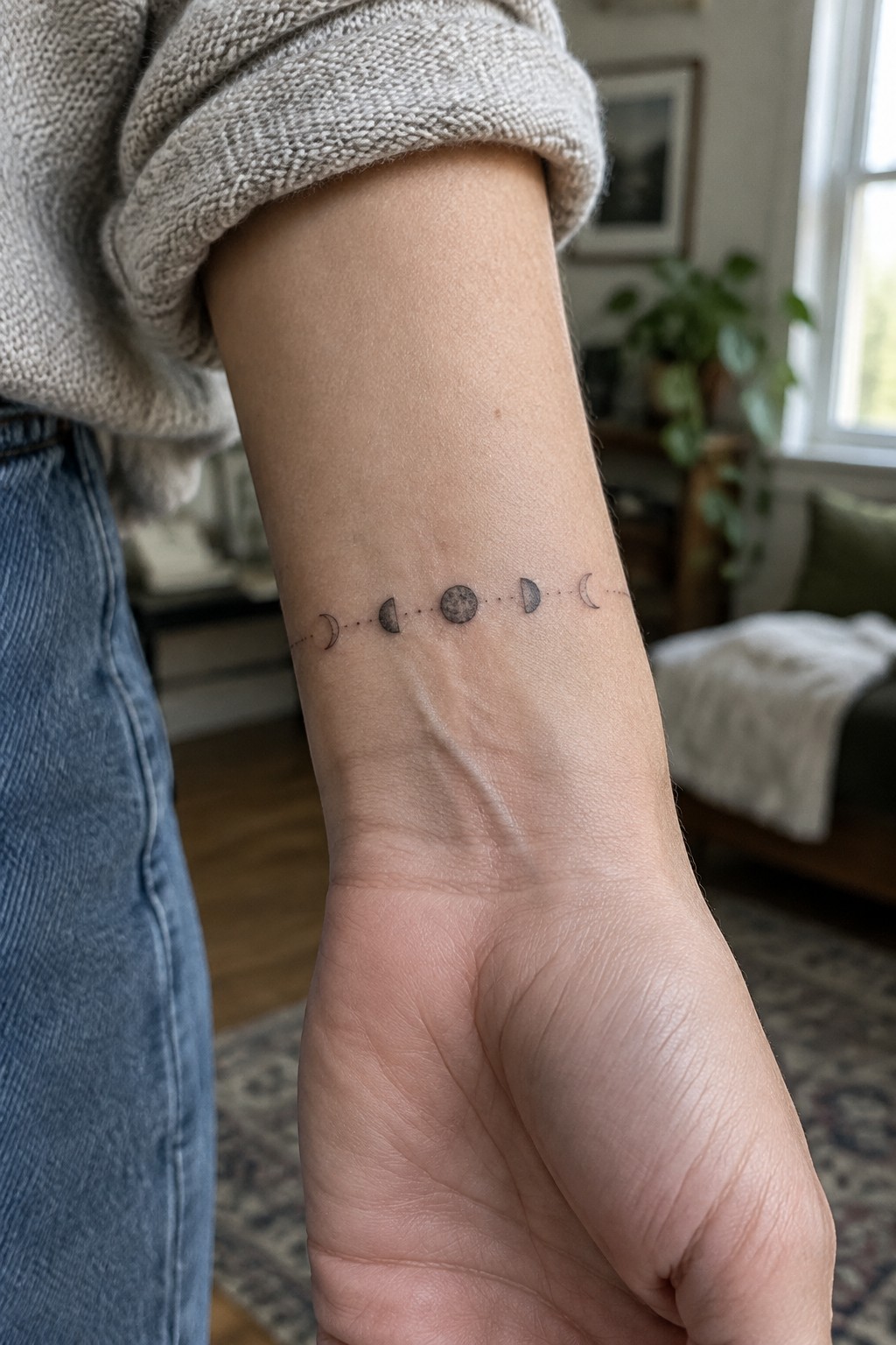 Moon phases tattoo on wrist with rolled-up gray sweater and blue jeans