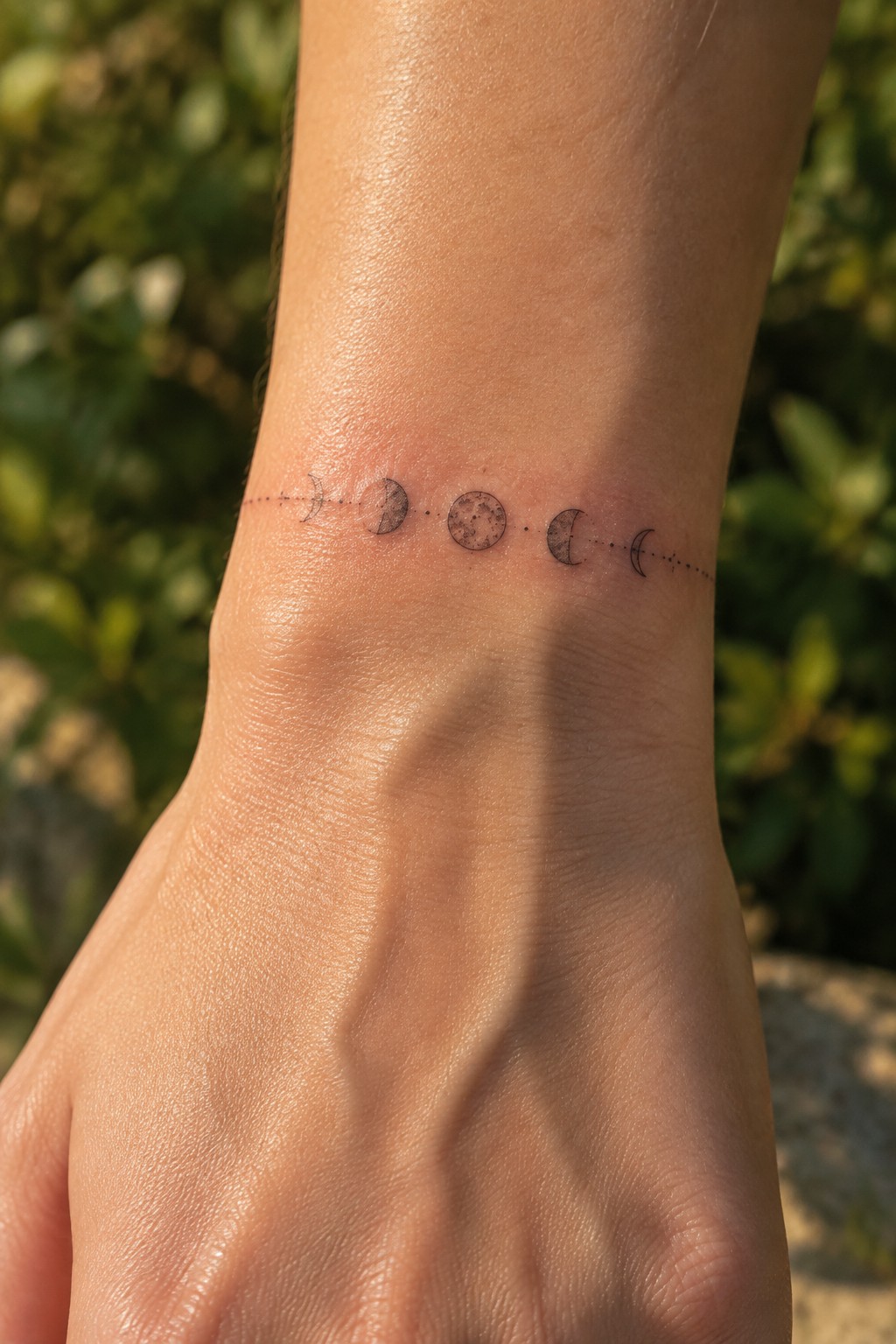 Wrist with moon phase tattoo linked by horizontal dotted line on skin