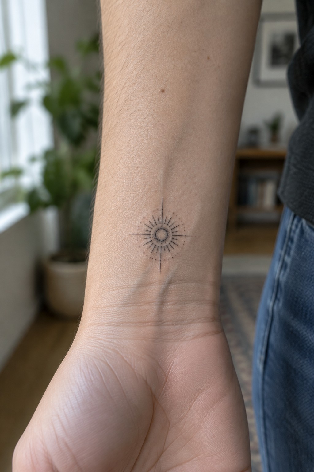 Minimalist black sun tattoo on inner wrist above blue denim jeans