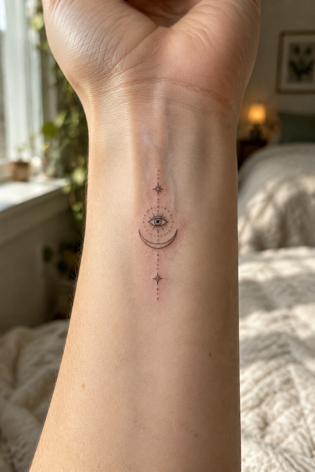 Fine line single needle tattoo of an eye above a crescent moon with stars and dots aligned vertically on the inner wrist