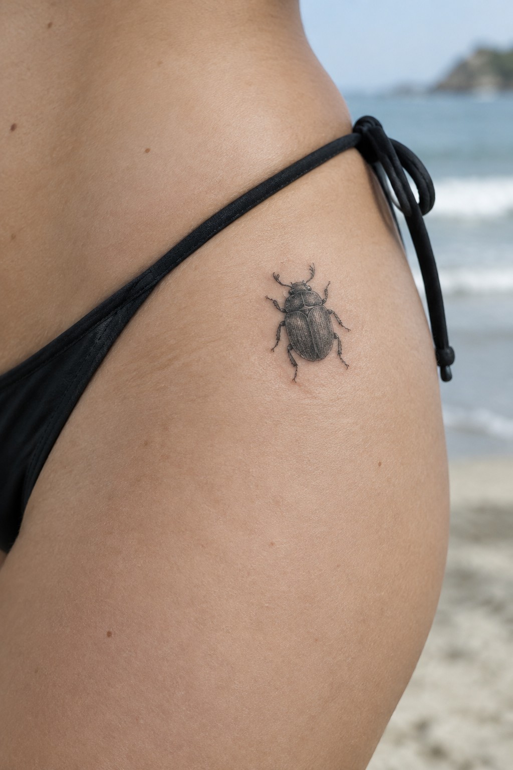 Small black and gray engraving style beetle tattoo on a woman's hip above the bikini line at the beach