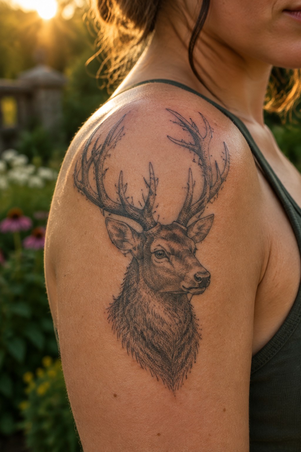 Detailed engraving style deer head tattoo with large antlers on a woman's shoulder in black ink.