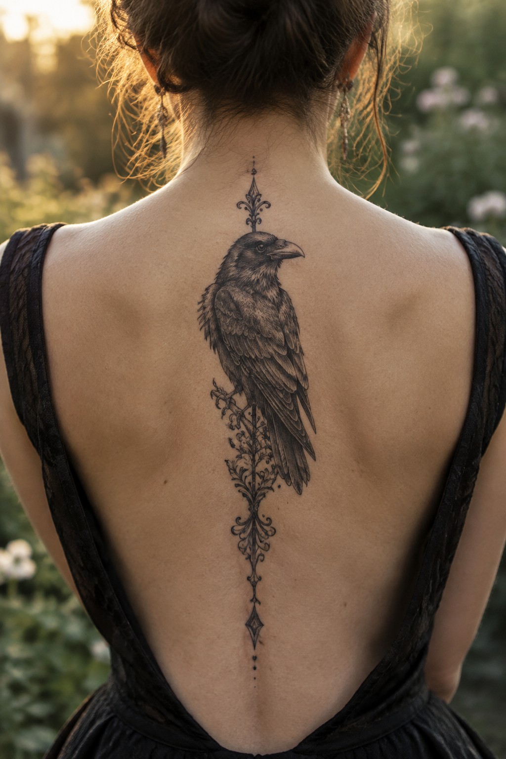 Woman's back with large raven tattoo and ornate filigree design down spine in black lace dress