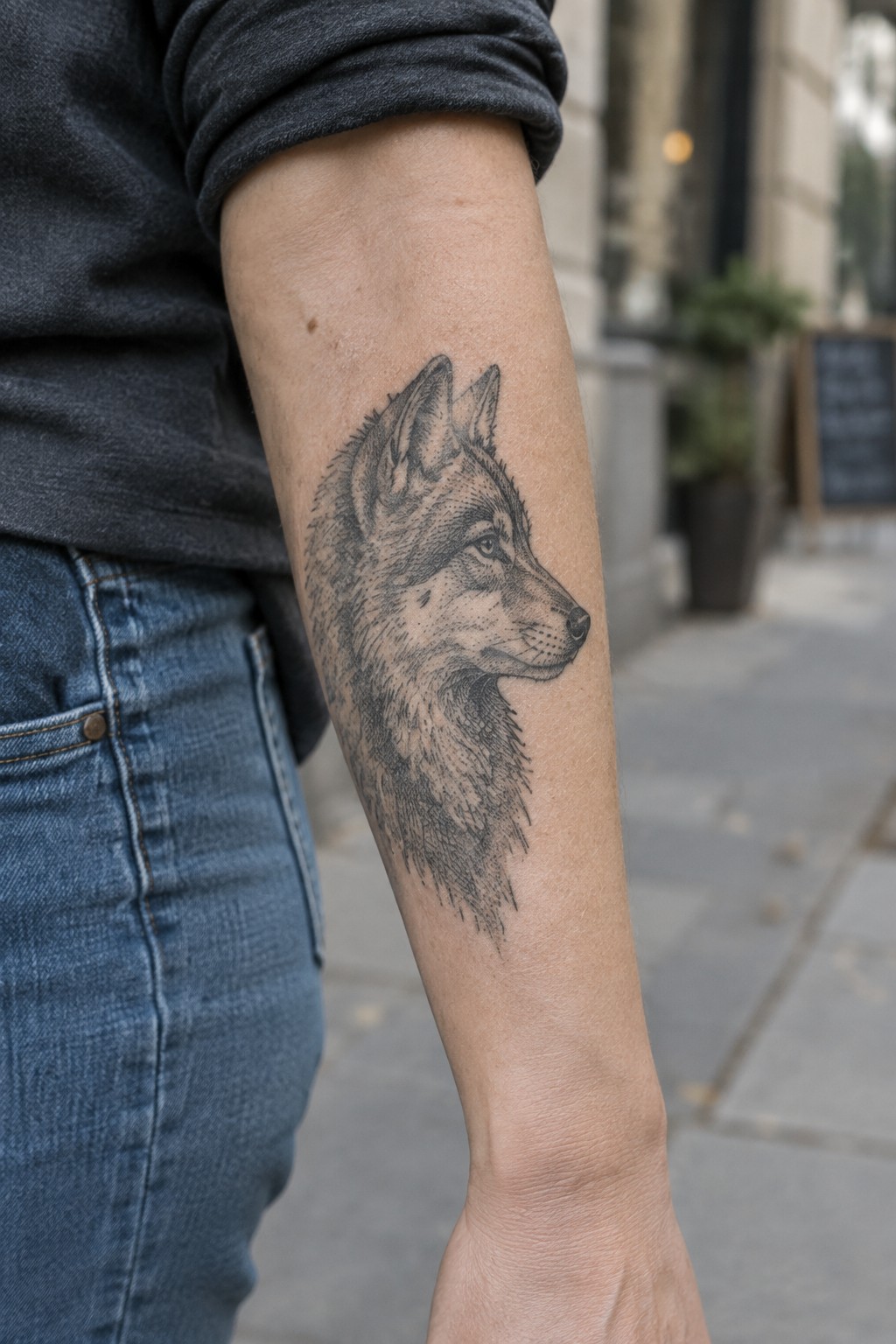 Detailed black-and-gray wolf tattoo on forearm in dark shirt and blue jeans