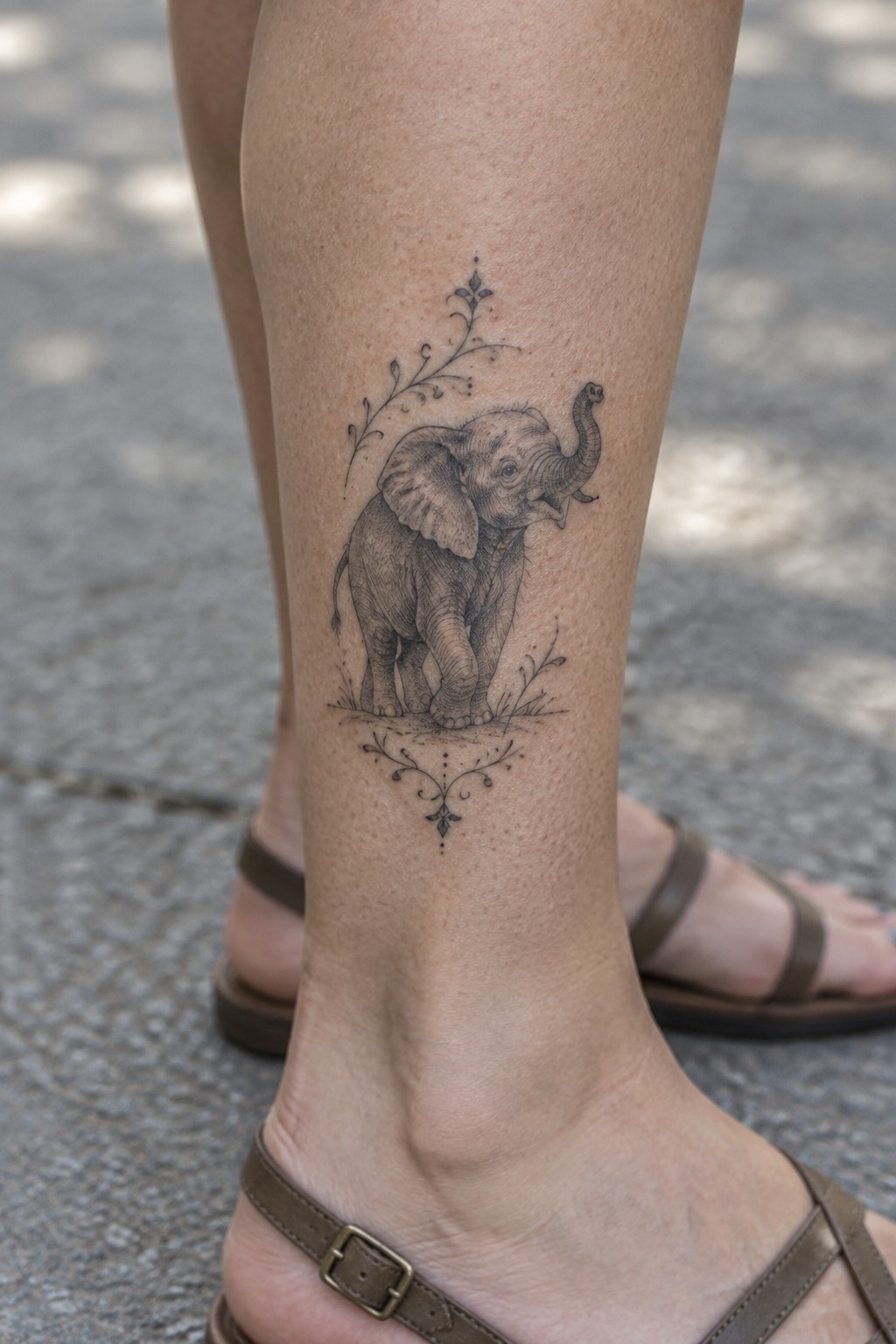 Black and gray baby elephant tattoo with vines on lower leg above brown sandals