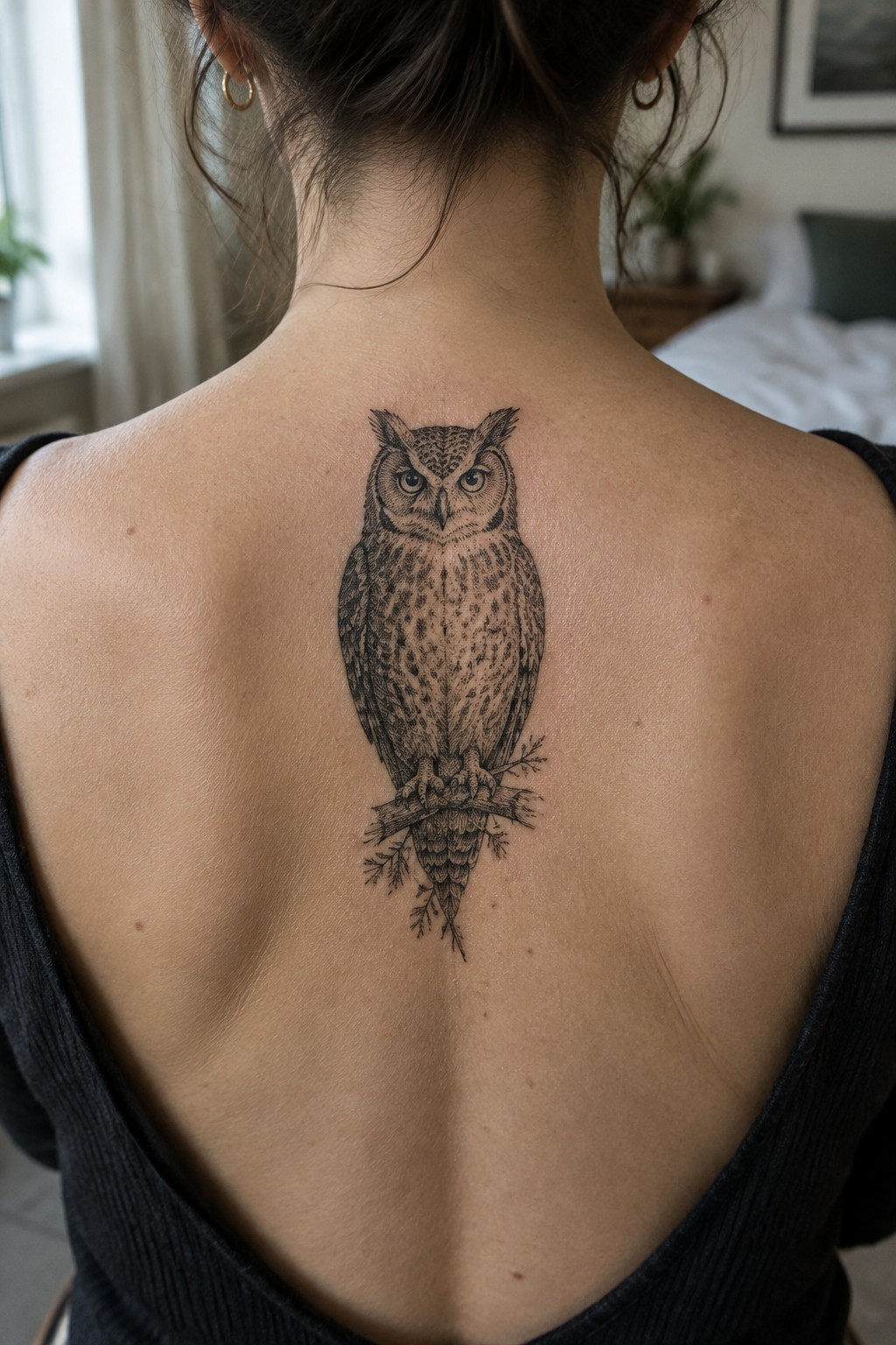 Detailed engraving style owl tattoo centered on a woman's upper back, perched on a small branch.