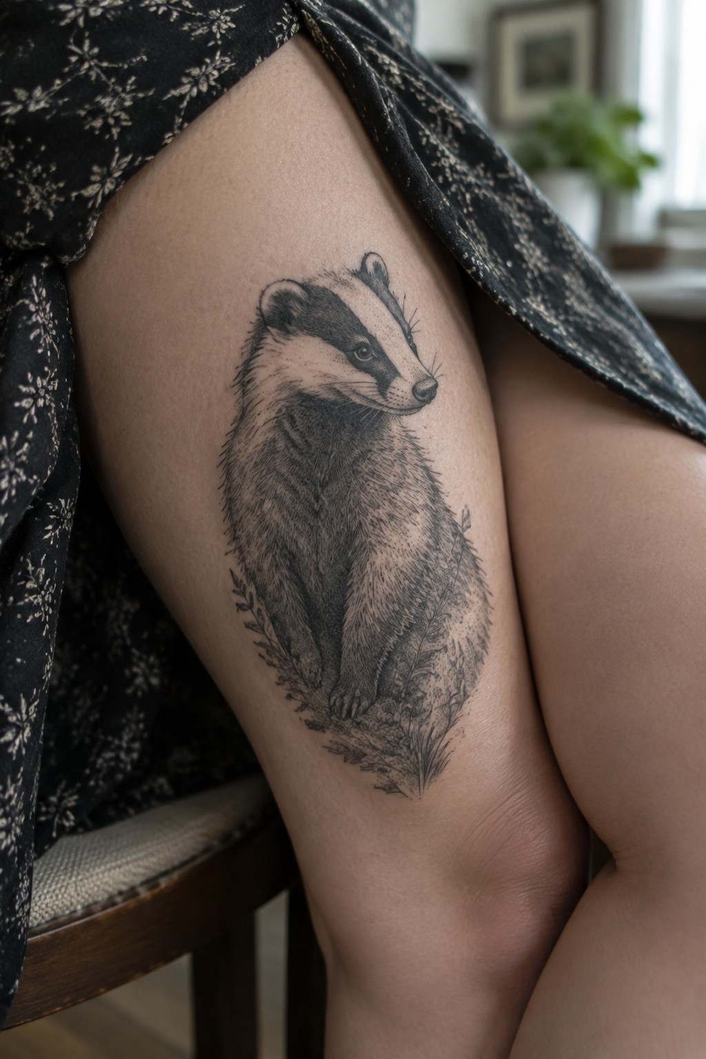 Badger tattoo on thigh under black floral-patterned dress in room setting