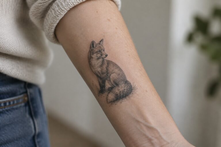 17 Detailed Engraving-Style Animal Tattoos for Women Inspired by Vintage Etchings Detailed black fox tattoo on forearm with rolled white sleeve and blue jeans.
