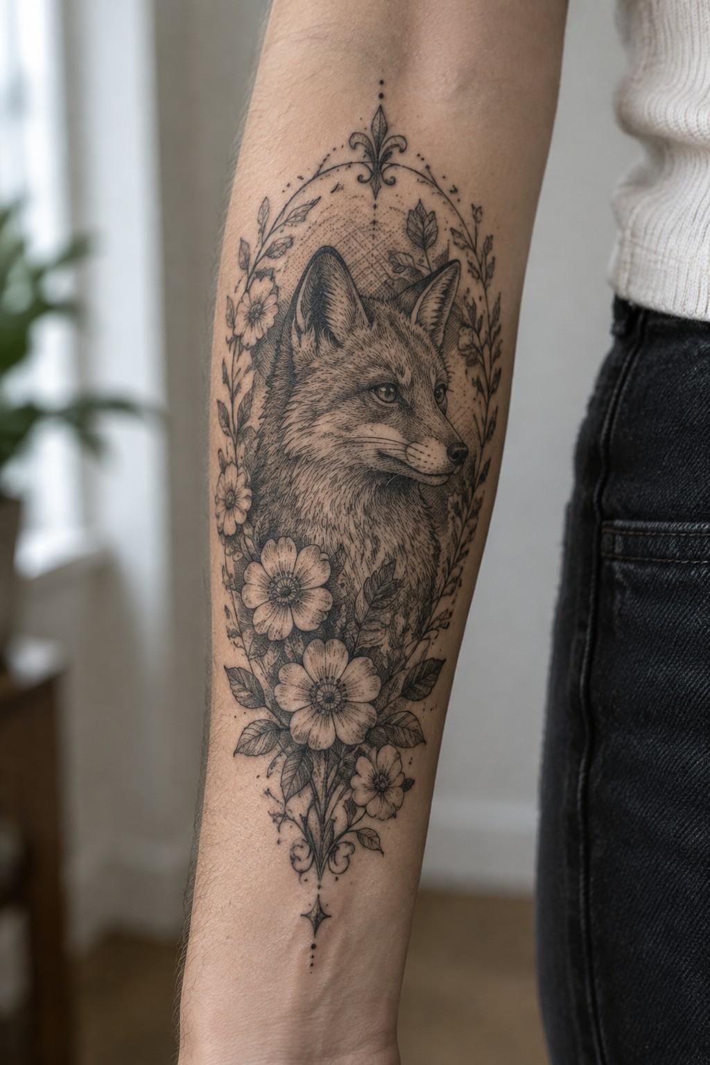 Black and grey engraving style fox tattoo with flowers on a woman's inner forearm