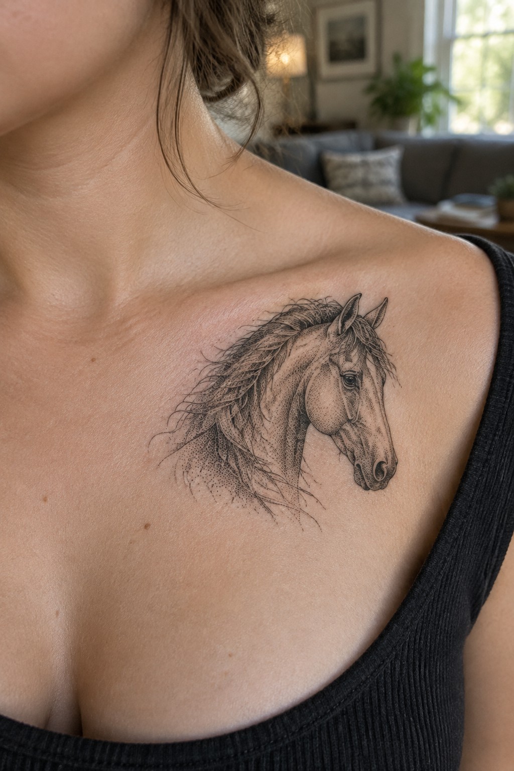 Detailed black horse tattoo on woman's shoulder above black tank top