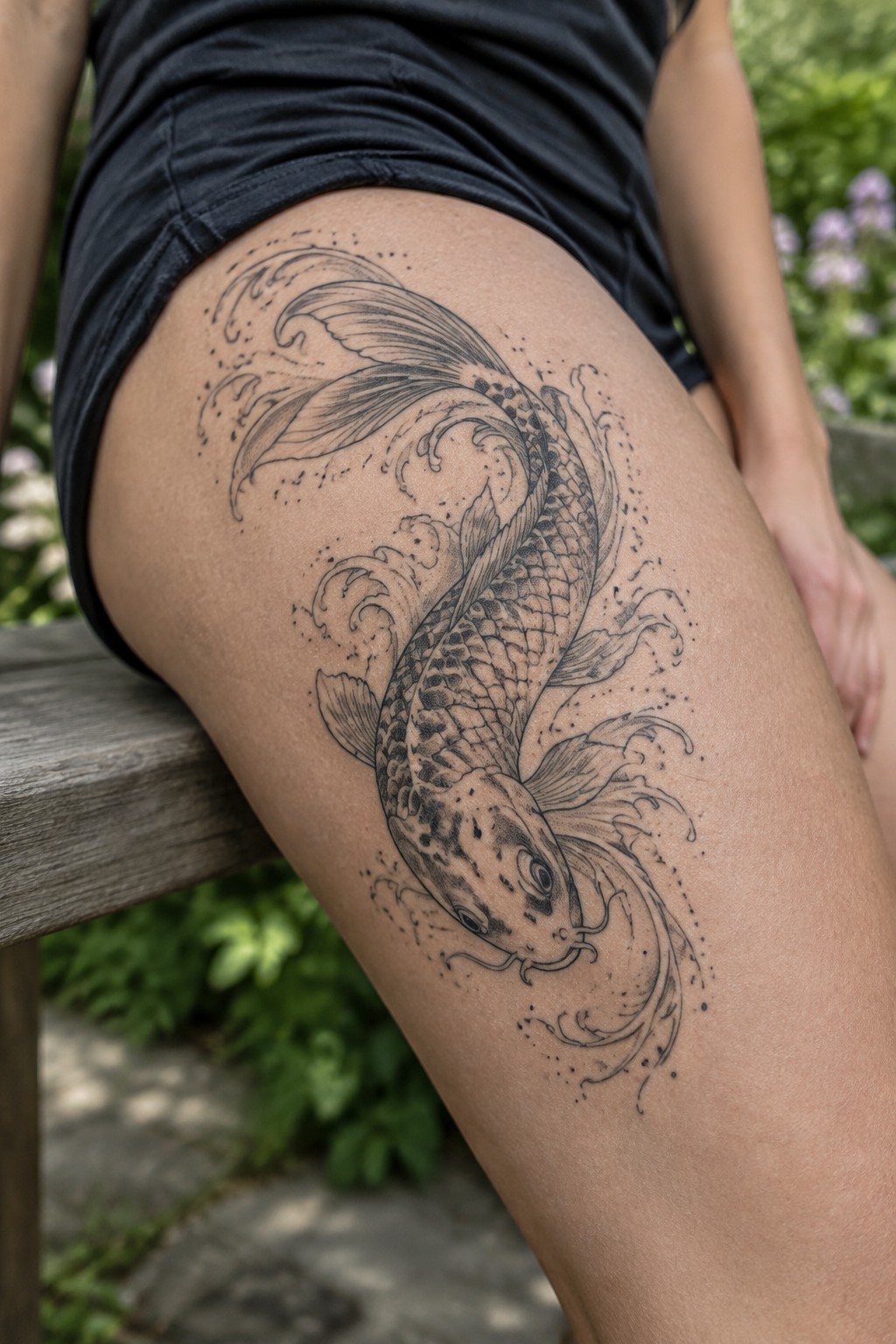 Large black koi fish tattoo with waves on thigh, person in black shorts.