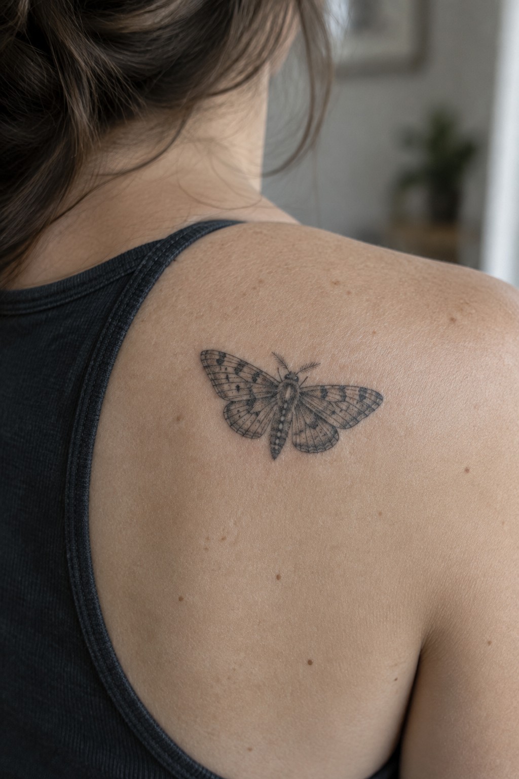 Detailed moth tattoo on shoulder above dark gray tank top