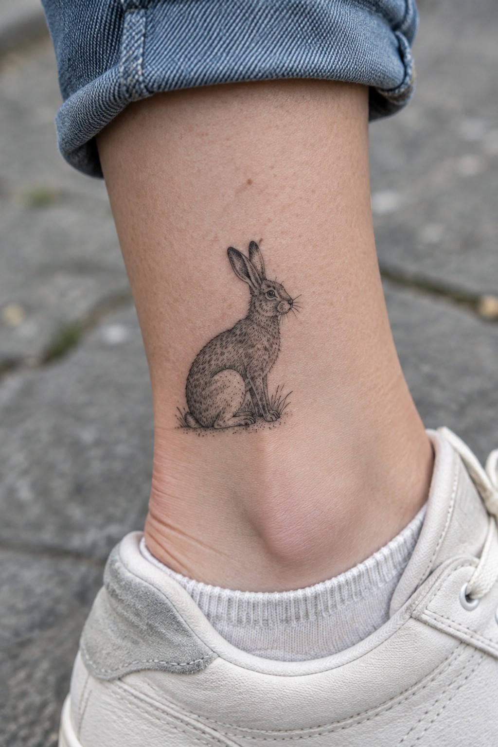 Detailed black hare tattoo on ankle with rolled jeans and white sneaker.
