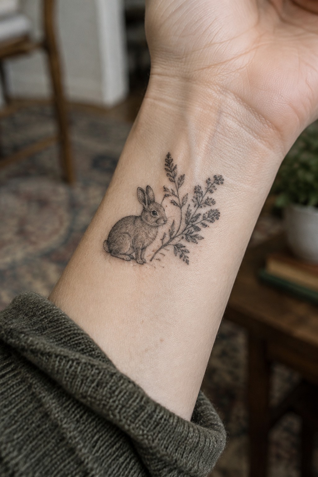 Small engraving style tattoo of a rabbit next to a leafy branch on the inner wrist in black ink