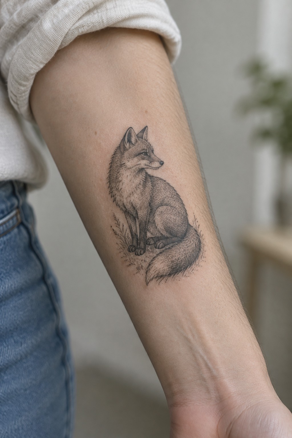 Detailed black fox tattoo on forearm with rolled white sleeve and blue jeans.