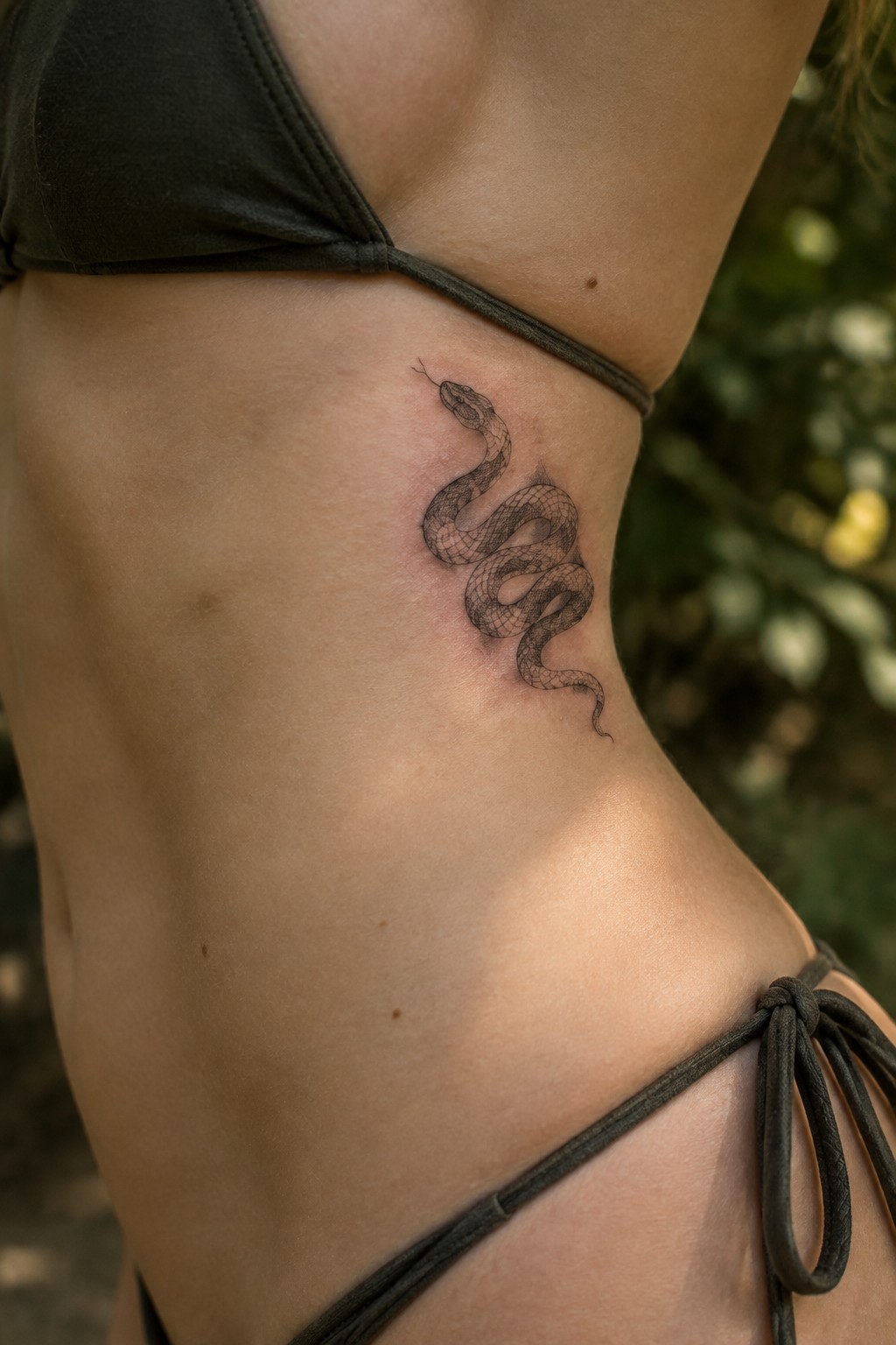 Black snake tattoo on ribs of person in dark bikini