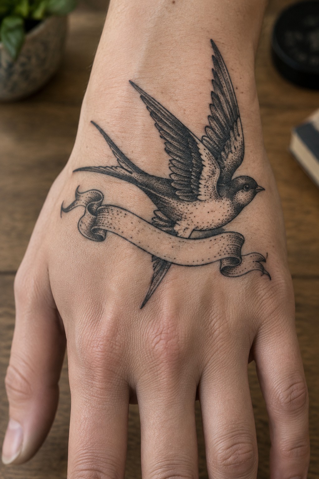Black and grey engraving style swallow tattoo with outstretched wings and a ribbon banner on the back of a hand.