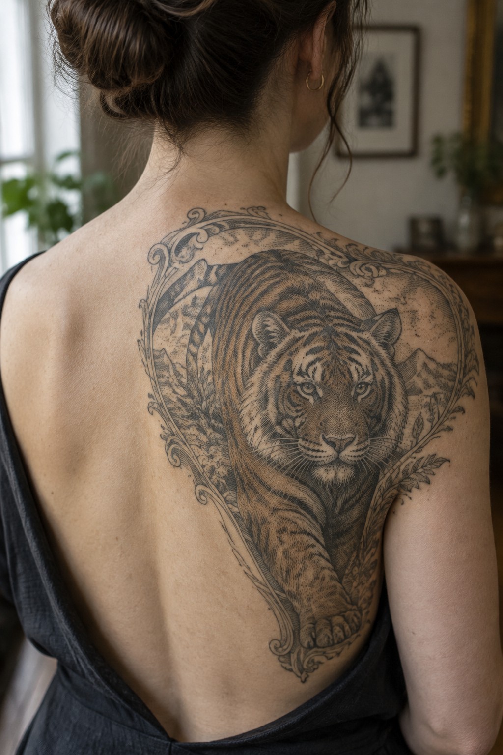 Woman viewed from behind with a large black and grey engraving style tiger tattoo on her upper back and right shoulder, set inside an ornate vintage style frame with mountain and leaf details.
