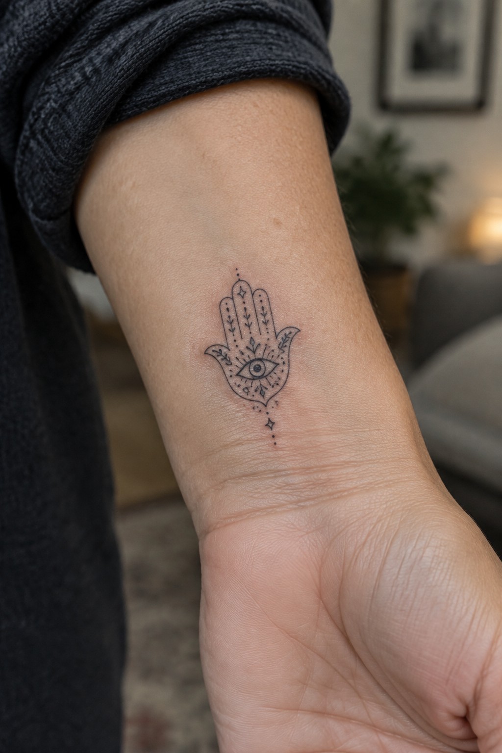 Black Hamsa tattoo with eye on wrist beneath dark gray sleeve