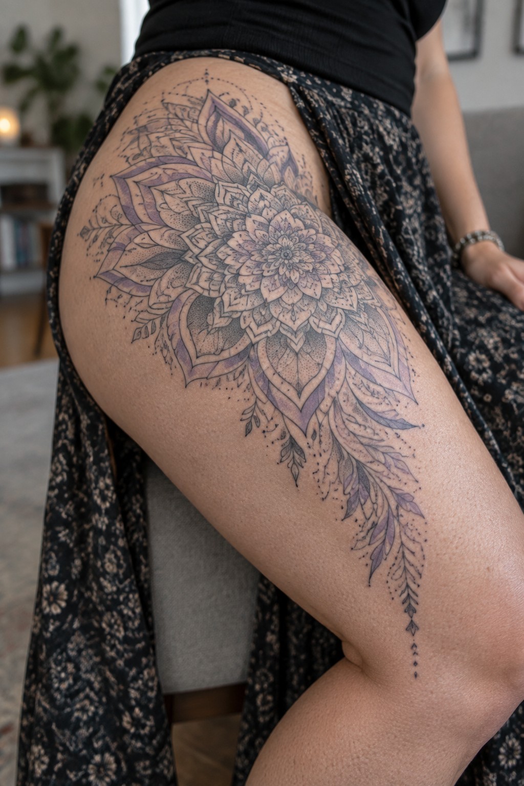 Purple and black mandala tattoo on thigh under black top and floral skirt