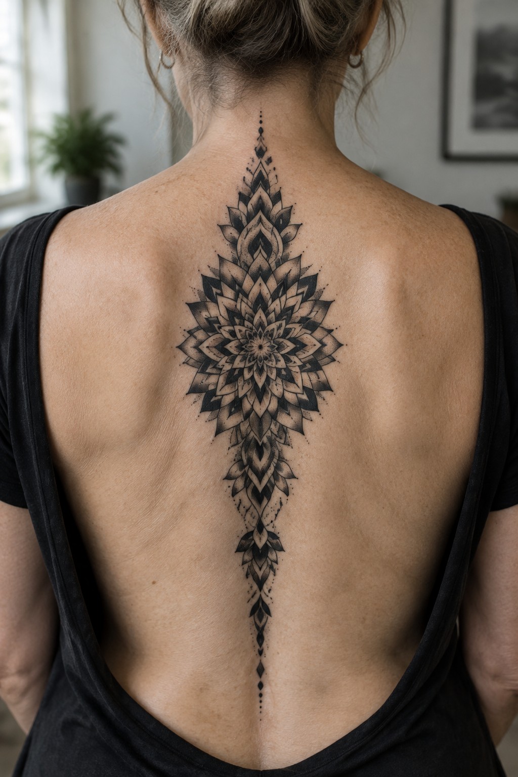 Woman's back with large black mandala tattoo from neck to lower spine