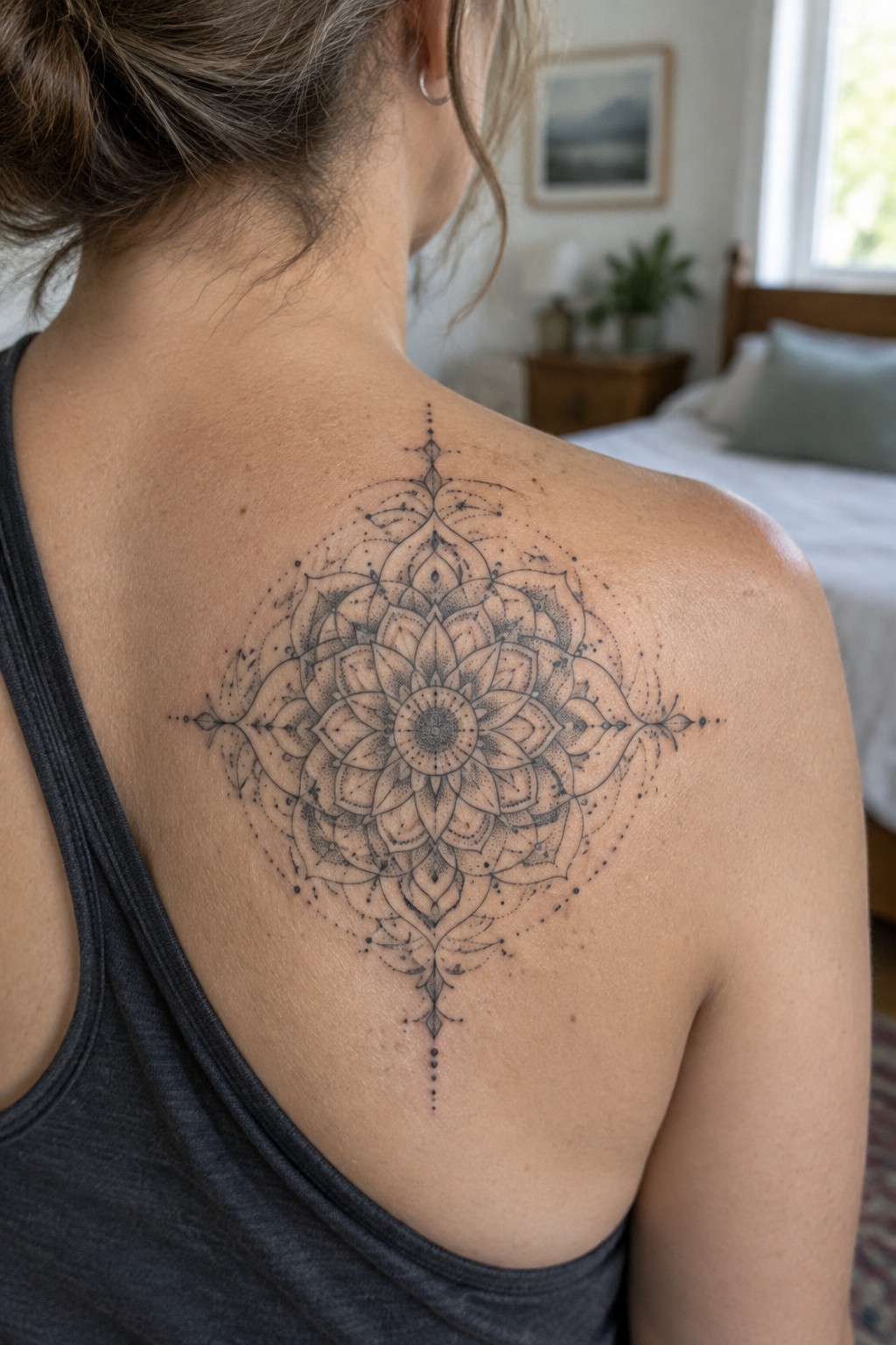 Woman's upper back with large black mandala tattoo, wearing dark tank top in bedroom