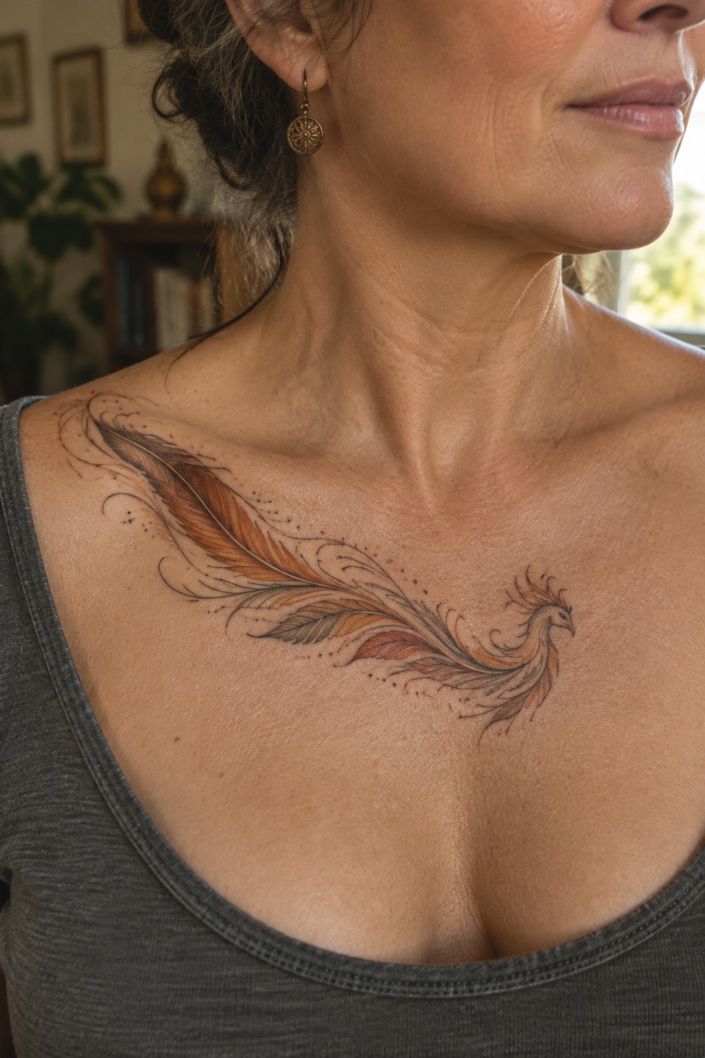 Woman in gray tank top with flowing orange phoenix feather tattoo on chest.